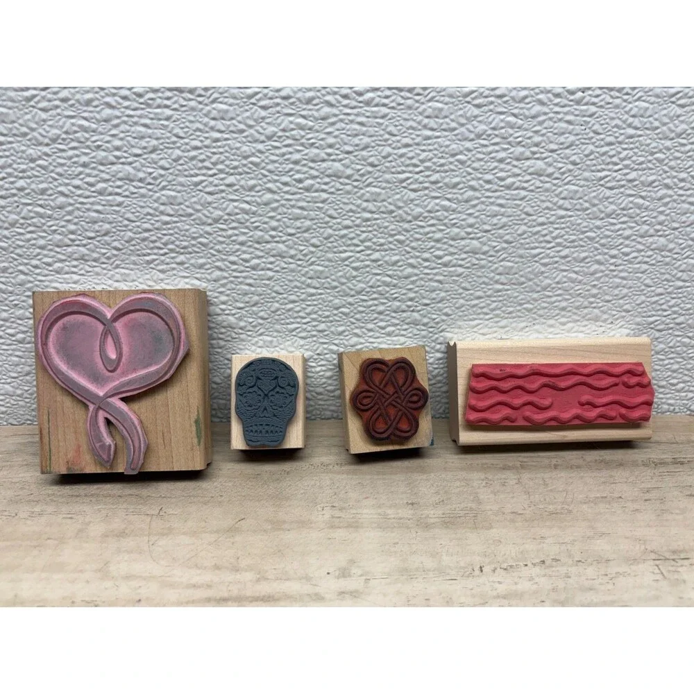 Set of 4 Mixed Brands Wood Mounted Rubber Stamps - Picture 2 of 4